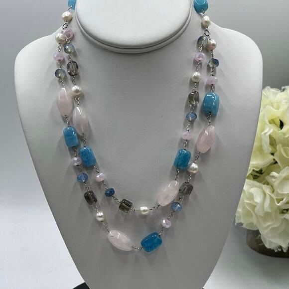 Handmade Sterling 925 Pink Blue Quartz Freshwater Pearl Double Strand Necklace - Picture 1 of 13